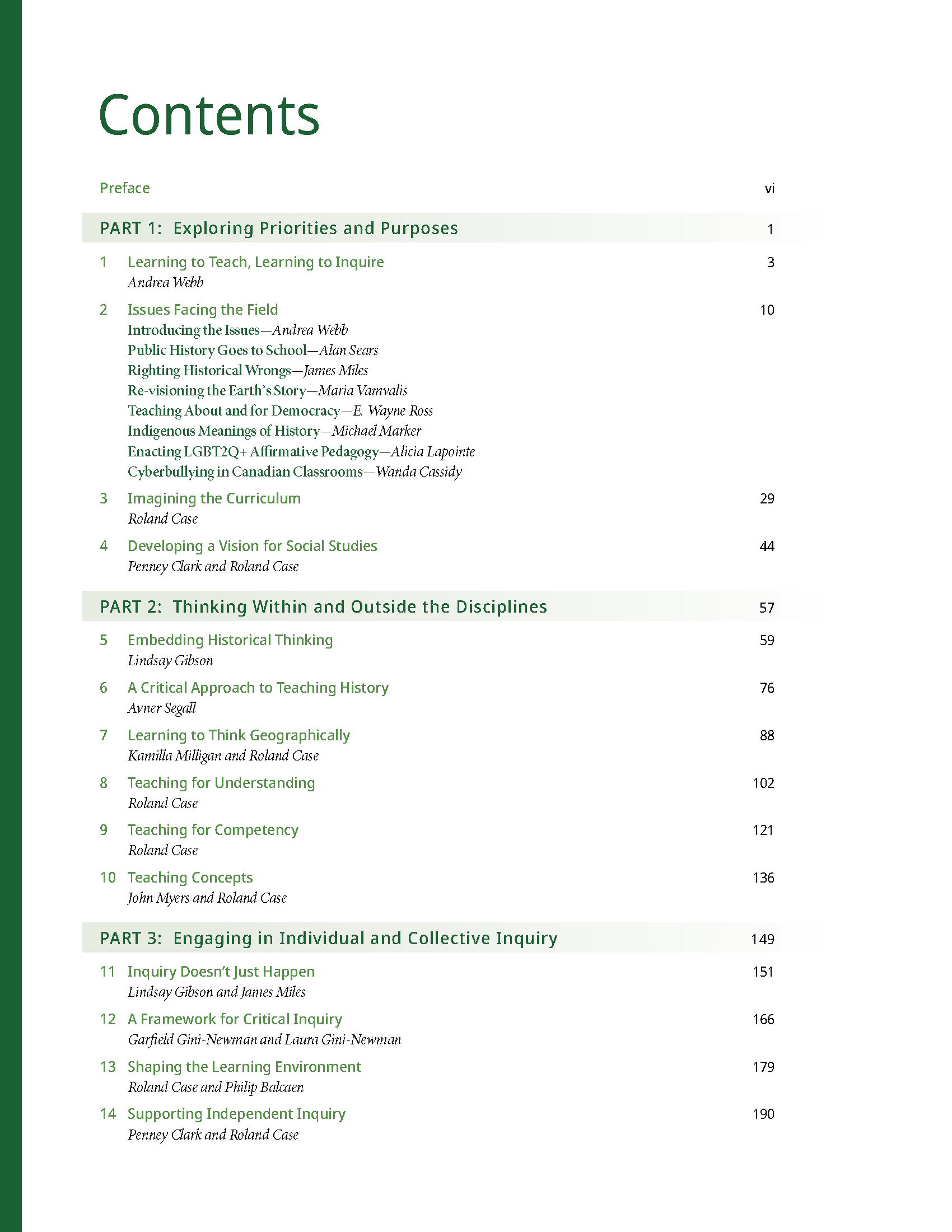 Learning to Inquire in History, Geography, and Social Studies: An Anthology for Secondary Teachers - Table of Contents